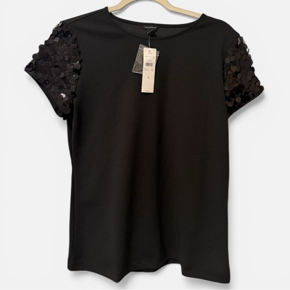 Ann Taylor Paillettes Sequin Short Sleeve Black Top Large 
New with Tags $69
